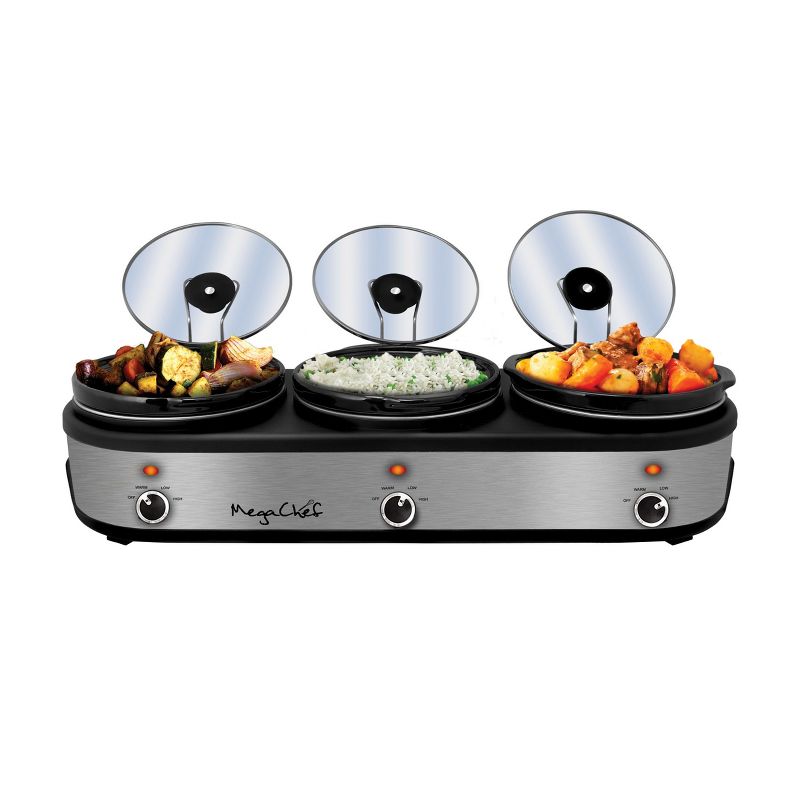MegaChef Triple 2.5 Quart Slow Cooker and Buffet Server with 3 Ceramic Cooking Pots and Removable Lid Rests, 1 of 8