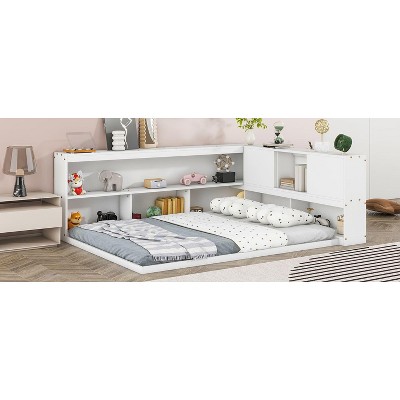 NicBex Full Size Wood Montessori Bed with L-Shaped Bookcases,Floor Bed with Sliding Doors,Modern Toddler Bed for Bedroom,White