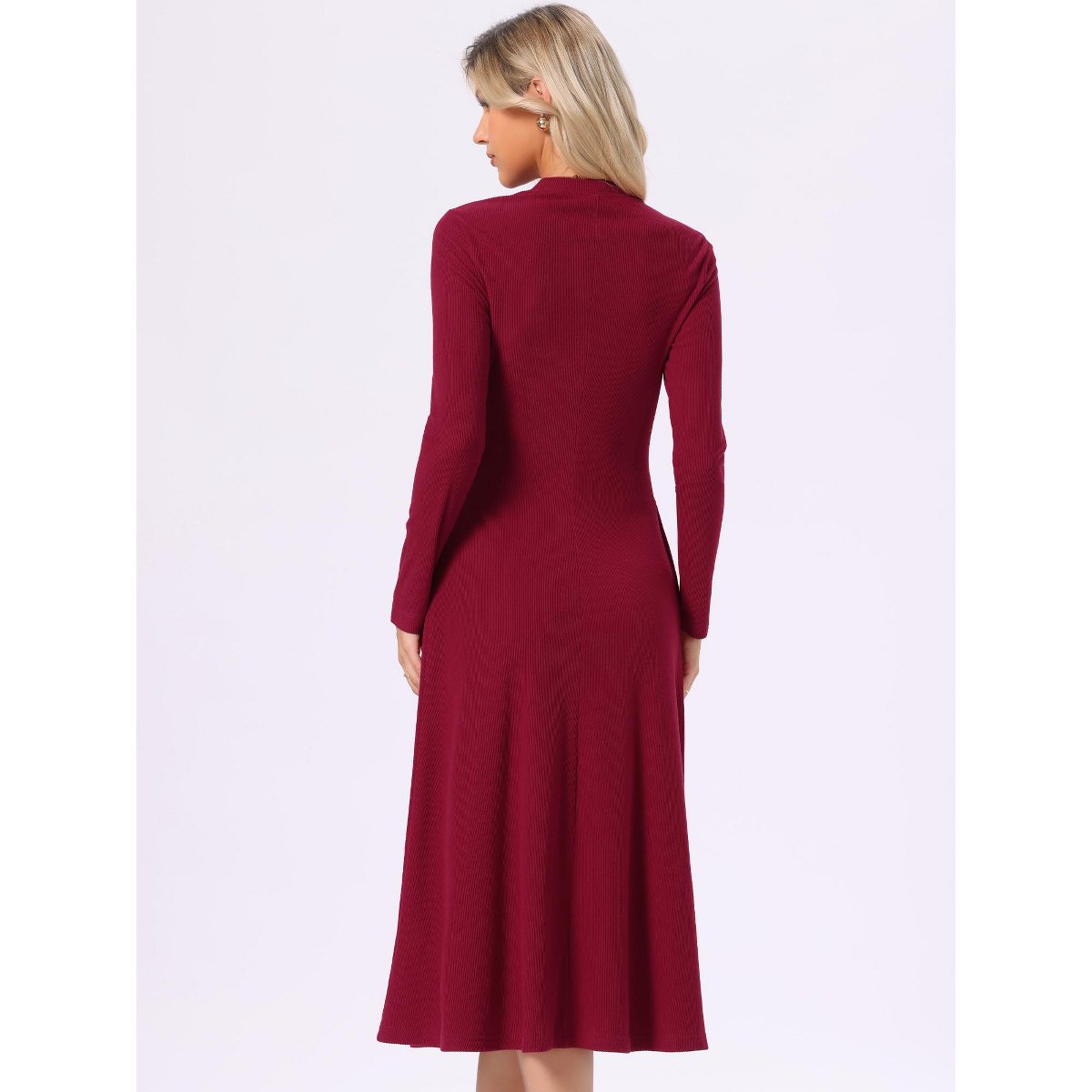 Женские платья INSPIRE CHIC Women's Casual Ribbed Knit Long Sleeve Crew Neck A-Line Long Dress Burgundy Large — фото 3