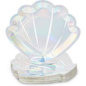 Sparkle and Bash 48 Pack Holographic Seashell Plates for Girls Mermaid Birthday Party Supplies, Silver Foil Design (9 In) - 1 of 4