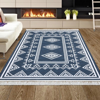 Indoor Tassel Area Rug for Bedroom Living Room - Washable Bordered Farmhouse Carpet, Non-Slip Soft Low Pile Stain-Resistant Mat
