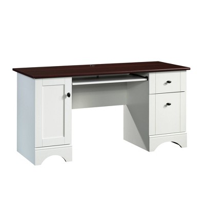 Computer Desk with Cherry Accent Top Soft White - Sauder: Modern Office Desk with File & All Purpose Drawers
