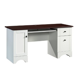 Computer Desk with Cherry Accent Top Soft White - Sauder: Modern Office Desk with File & All Purpose Drawers - 1 of 4