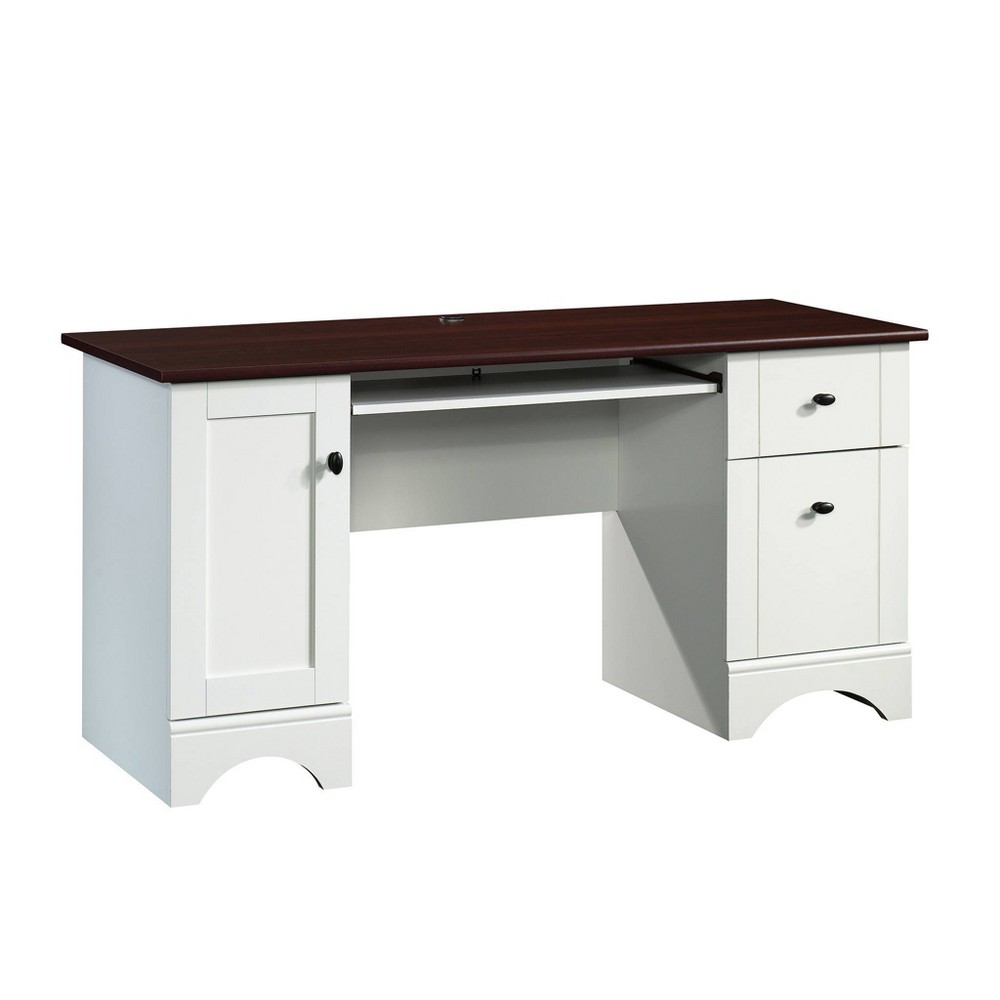 Computer Desk with Cherry Accent Top Soft White - Sauder: Modern Office Desk with File & All Purpose Drawers