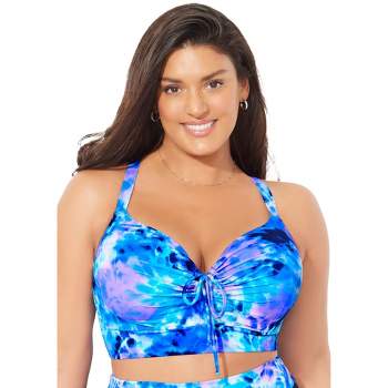 Swimsuits For All Women's Plus Size Bra Sized Tie Front Longline Underwire  Bikini Top - 38 F, Blue : Target