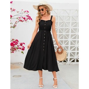 Women's Dress Casual Summer Spaghetti Strap Dress Button Down Sleeveless A Line Beach Swing Midi Sundress - 1 of 4