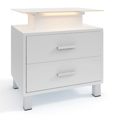 Modern White Nightstand with 2 Drawers, Glass Desktop, Charging Station and LED Lights - Ideal Bedside Table for Bedroom