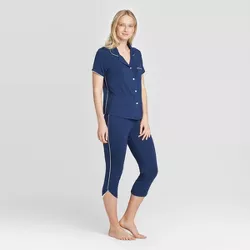 Women's Beautifully Soft Notch Collar Cropped Pajama Set - Stars Above™ Navy XXL
