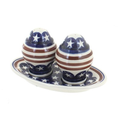 Blue Rose Polish Pottery Stars & Stripes Salt and Pepper Shakers with Dish