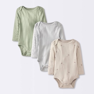 Baby 3pk Solid Long Sleeve Wide Ribbed Bodysuit - Cloud Island™ 3-6M