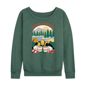 Women's - Disney - Coffee And Camping Lightweight French Terry Wide Neck Long Sleeve Shirt - 1 of 4