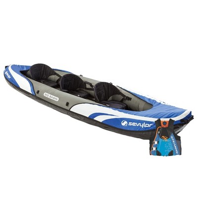 Sevylor Big Basin 3 Person Inflatable Kayak w/Adjustable Seats & Stearns Men's  V2 Series Neoprene V-Flex Life Jacket Vest, Blue, Medium