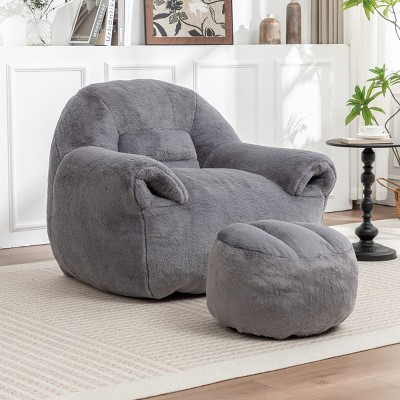 Faux Fur Bean Bag Chair with Backrest and Footstool, Stuffed Floor Sofa with Shredded Foam Filling, Comfy Seating for Adults and Kids-Baofuwish