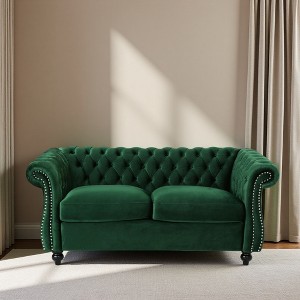 61.75" Velvet Chesterfield Loveseat with Rolled Arms & Nailhead Accents - 1 of 4