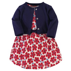 Touched by Nature Baby and Toddler Girl Organic Cotton Dress and Cardigan 2pc Set, Red Flowers - 1 of 4