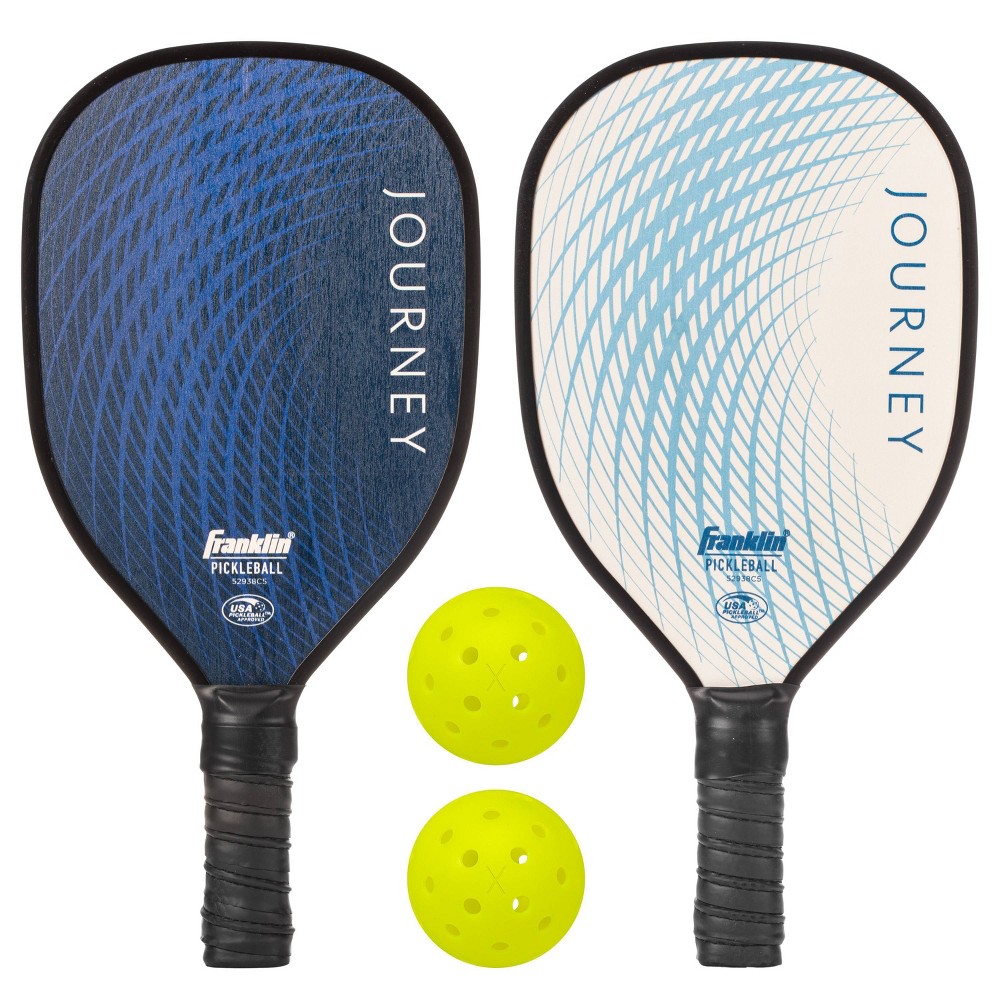 Franklin Sports 2 Player Wood Journey Pickleball Paddle and Ball Set in Mesh Bag - White/Navy: Medium Flex, Traditional Shape