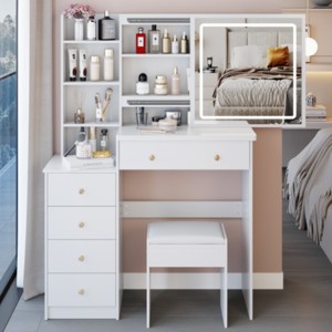 Syemin Vanity Tables Left Drawer Desktop Vanity Table with Cushioned Stool, Makeup Vanity with Drawer Bedroom Dressing Table, White, 37"*15.7"*54" - 1 of 4