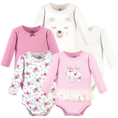 Little Treasure Baby Girl Cotton Long-Sleeve Bodysuits 5pk, Floral Baby Bear, 9-12 Months