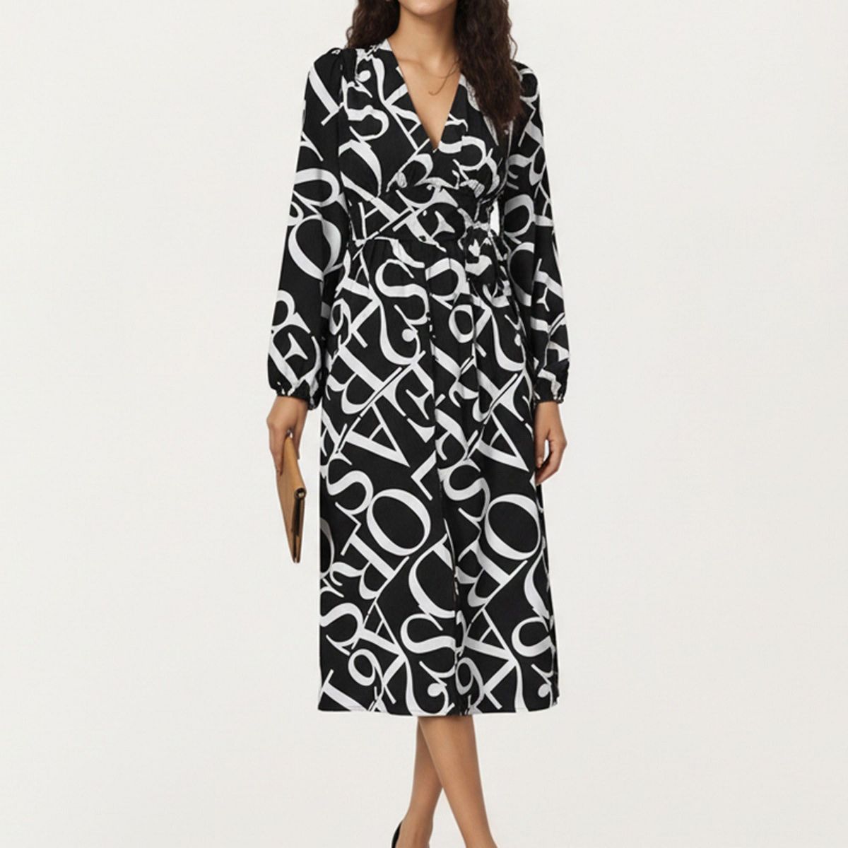 Anna-Kaci Women's Black and White Abstract Logo Print Long Sleeve Wrap Dress with Belt and Asymmetrical Hem