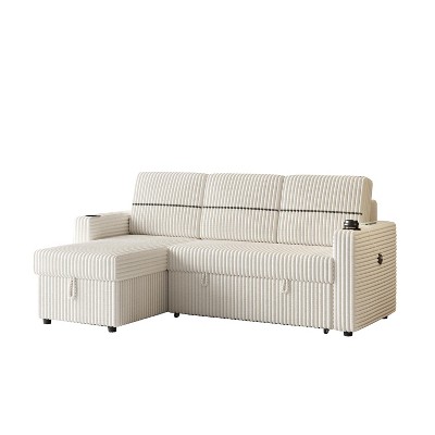 VYNXARIA 85 Inches Corduroy Sofa Bed,3 Seater Sleeper Sofa with Storage Chaise,Pull Out Couch£¬BEIGE