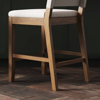 Linus Dark Brown Wood and Light Gray Linen Bar Stool