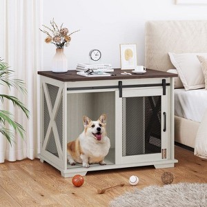 37 Inch Dog Crate Furniture, Farmhouse Flip Top Sliding Barn Door Dog Kennel with Wheels, Removable Divider, Wooden Table Crate for Small Medium Dogs - 1 of 4