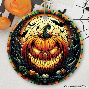 Grim Grinning Gourd Pumpkin Decor Stained Glass Style Ceramic Ornament, Halloween Themed Christmas Gift| OrnamentallyYou - 1 of 4