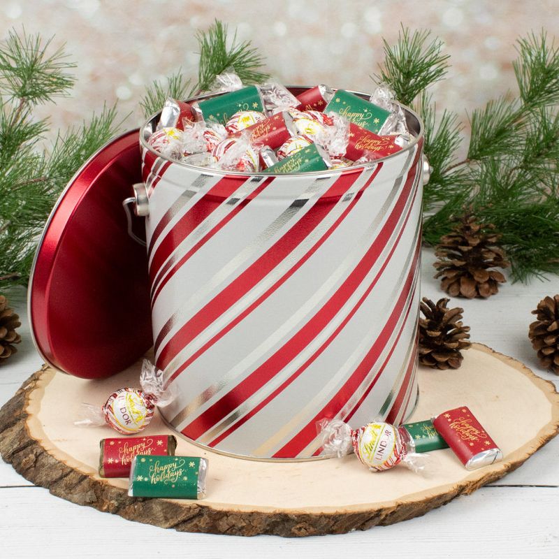 3 lb Christmas Chocolate Gift Tin Hershey's Miniatures & Lindt Truffles - Candy Stripes, 1 of 2