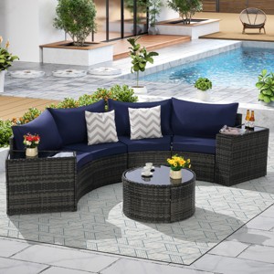 Outdoor Sofa Set, Sectional Half-Moon Sofa, PE Wicker Sofa With Cushions, Sofa Set with Tempered Glass Round Coffee Table-Coolbibila - 1 of 4