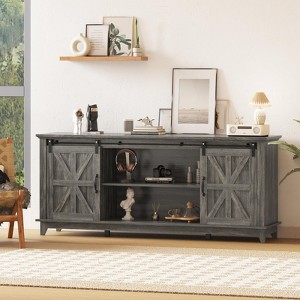 Farmhouse TV Stand for 75" Television, Wood Entertainment Center with Storage & Barn Doors, Adjustable Shelf - 1 of 4