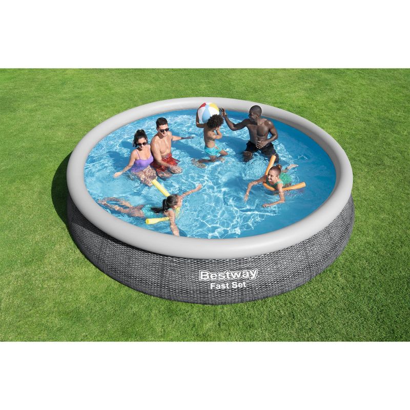 Bestway Fast Set 15' x 33" Round Inflatable Outdoor Above Ground Swimming Pool Set with 530 Gallon Filter Pump and Repair Patch, Gray Rattan, 4 of 9