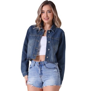 INSPIRE CHIC Women's Long Sleeve Button Down Turndown Collar Frayed Hem Trendy Cropped Washed Denim Jacket - 1 of 4