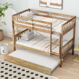 Kumasinova Minimalist Twin-Over-Twin Rubber Wood Bunk Bed with Pull-Out Trundle–Convertible to 2  Beds,Twin Size Bed Frame with Ladder & Guardrails - 1 of 4
