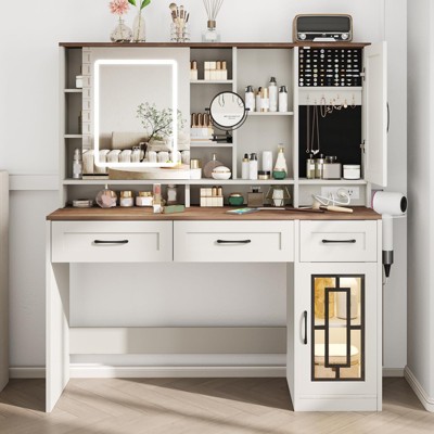 Makeup Vanity Desk with Mirror and Lights, Dressing Table with Jewelry Cabinet