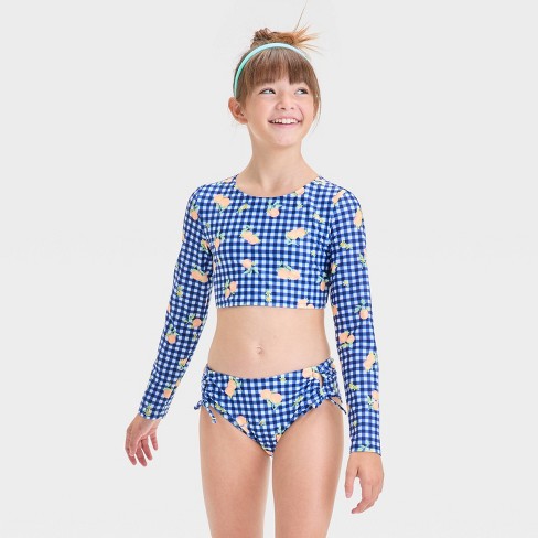 Girls' Orange Blossom Gingham Checkered Rash Guard Set - art class™ Navy Blue - image 1 of 3