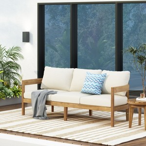 Christopher Knight Home Outdoor Acacia Wood 3 Seater 77" W Sofa with Cushions, Teak/Beige - 1 of 4