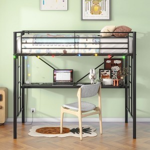 VYNXARIA Twin Metal Loft Bed with Desk, Safety Guard & Ladder, No Box Spring Needed, Black - 1 of 4
