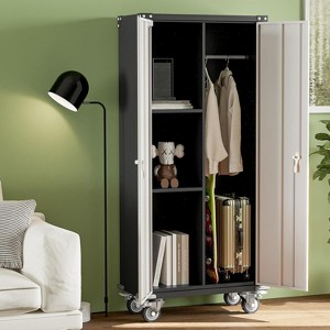 Metal Garage Storage Cabinet with Wheels, Steel Storage Cabinet with Hanging Rod and 2 Adjustable Shelves for Garage, Home, Office, Utility Room - 1 of 4