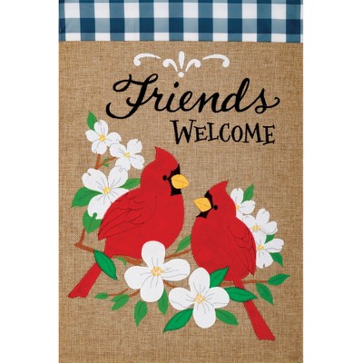 Home & Garden 18.0" Burlap Cardinal Friends Flag Applique Embroidered Custom Decor  -  Flags