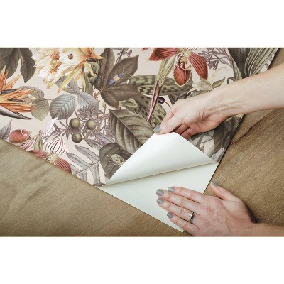 Beige and Green Vinyl Tropical Floral Peel and Stick Wallpaper Roll