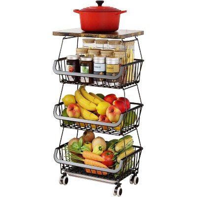 TOBILI 4 Tier Fruit Basket for Kitchen - Stackable Fruit and Vegetable Storage Cart with Wooden Top Rolling Wheels
