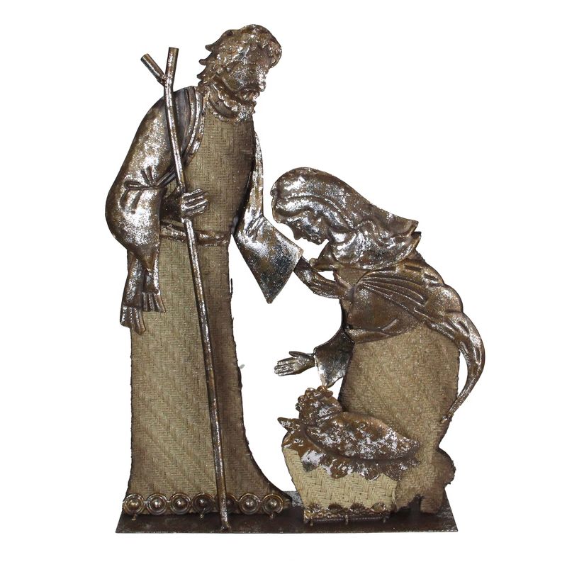 Melrose 17" Rustic Metal Holy Family Nativity Scene With A Burlap Design Christmas Table Top Decoration, 1 of 4