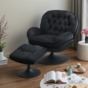 Velvet Swivel Lounge Chair with Ottoman, Tufted Design and Foam Cushion - 1 of 4