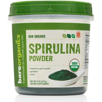 Bare Organics Greens And Superfood Supplements Raw Organic Spirulina Powder 8 oz