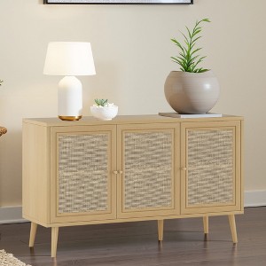 MAYEERTY Natural 471528" Rattan-Fronted Sideboard Cabinet with 3 Doors - Dining Room, Entryway - 1 of 4
