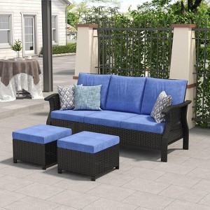 SUGOLD 3-Seater Wicker Patio Conversation Set with 2 Ottomans, Blue Cushions, Comfortable Outdoor Rattan Furniture for Porch & Backyard - 1 of 4