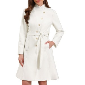 INSPIRE CHIC Women's Winter Stand Collar Button Down Mid Long Outerwear Pea Coat with Belt - 1 of 4