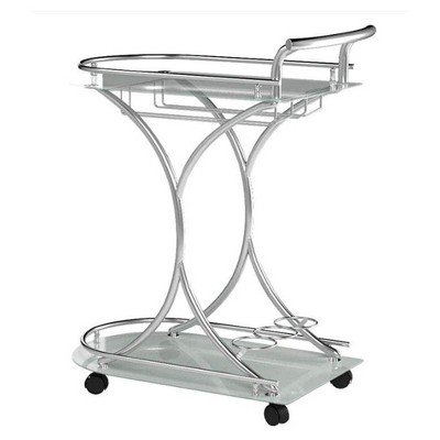 Coaster Home Furnishings 2 Glass Shelves Portable Serving Cart with Built In Stemware Rack and Bottle Storage, Chrome and White