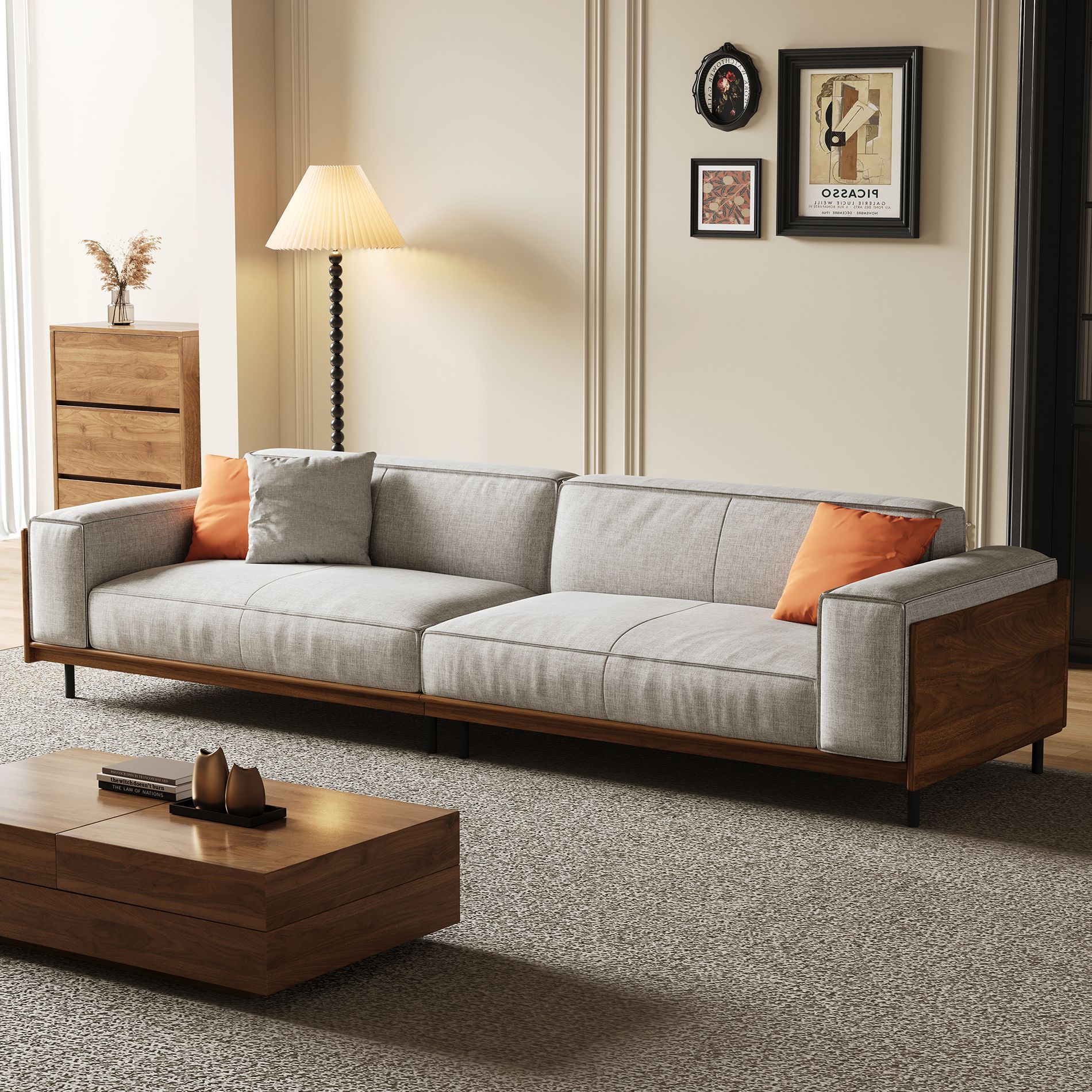 Luck Live Mid-Century Modern sofas 111.81in Cotton sofa suitable for living room, with 3 pillows/Gray&Removable Slipcover