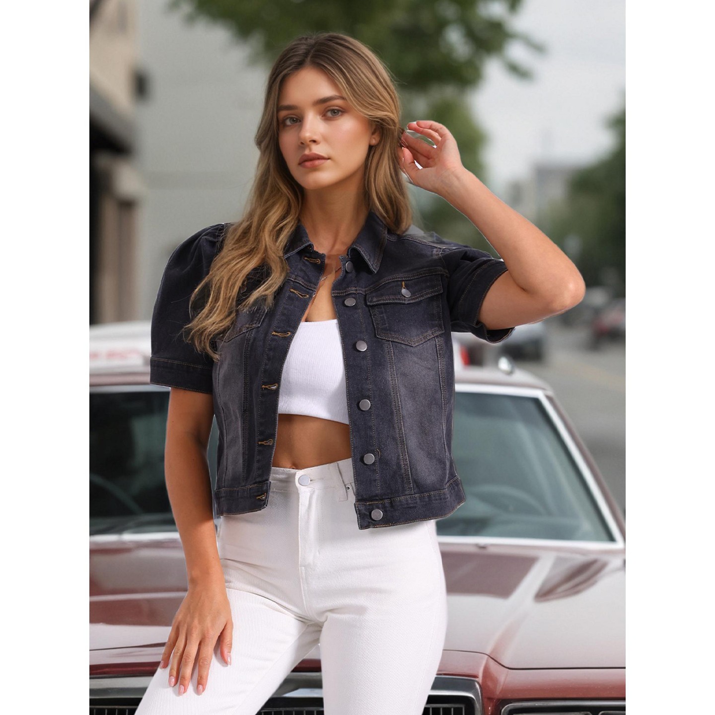 Женская куртка INSPIRE CHIC Casual Short Puff Sleeves Button Down Jean Denim Jacket Large Black, цвет: Джинсовый — фото 5